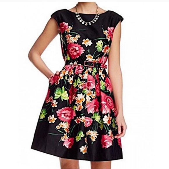 ELIZA J Dress Fit and Flare Black Pink Floral Size 2 - Picture 2 of 7